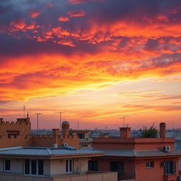 A beautiful depiction of the sky above Gaza, showcasing a vibrant sunset with hues of orange, purple, and pink blending together