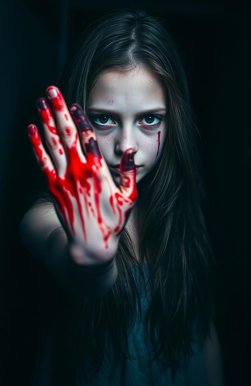 A mysterious girl standing in an eerie environment, her hand vividly painted with blood