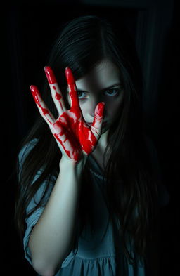 A mysterious girl standing in an eerie environment, her hand vividly painted with blood
