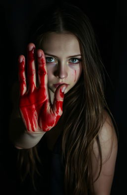 A mysterious girl standing in an eerie environment, her hand vividly painted with blood