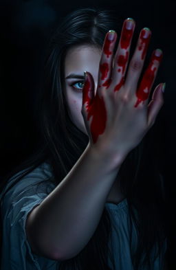 A mysterious girl standing in an eerie environment, her hand vividly painted with blood