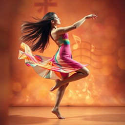 A vibrant and energetic dance scene featuring a woman expressing herself through movement