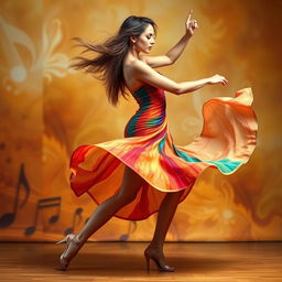 A vibrant and energetic dance scene featuring a woman expressing herself through movement