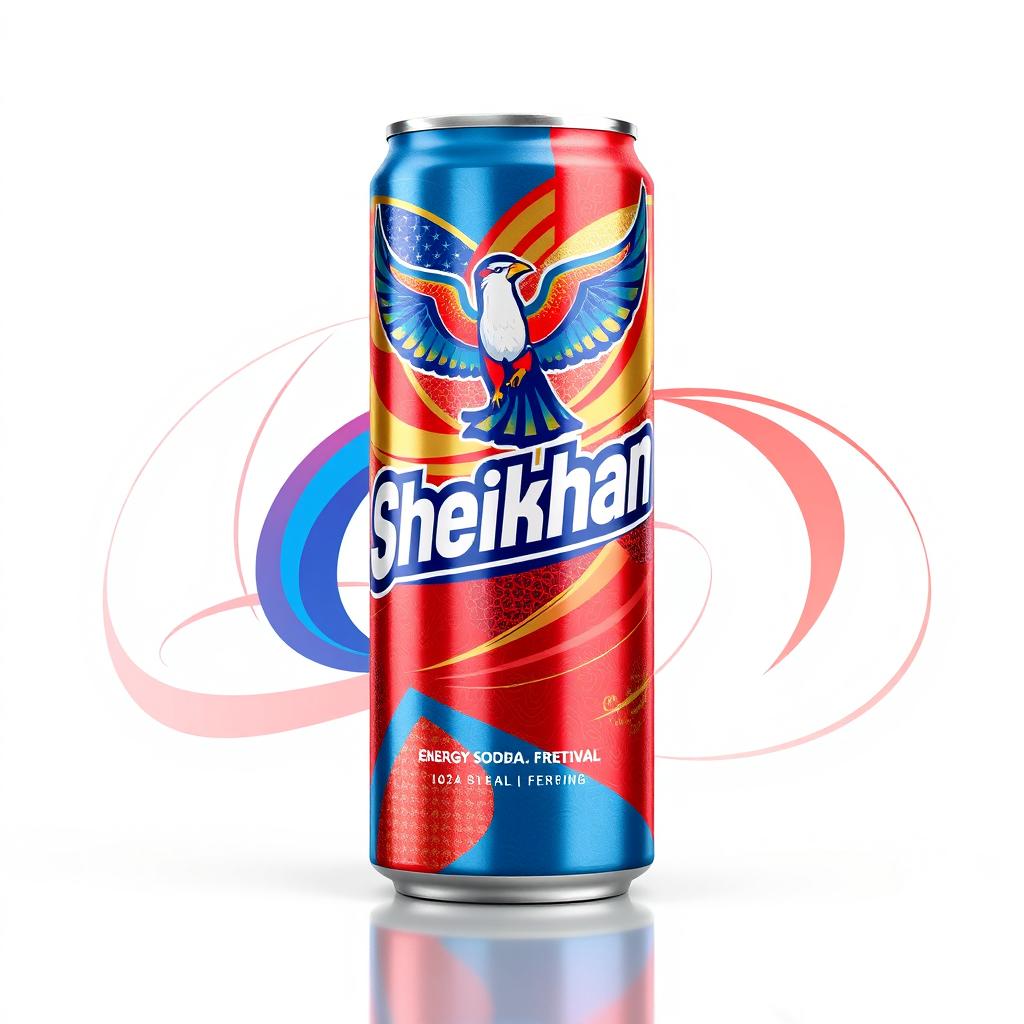 A vibrant and eye-catching soda can design for a fictional energy drink called 'Sheikhan'