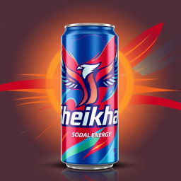 A vibrant and eye-catching soda can design for a fictional energy drink called 'Sheikhan'