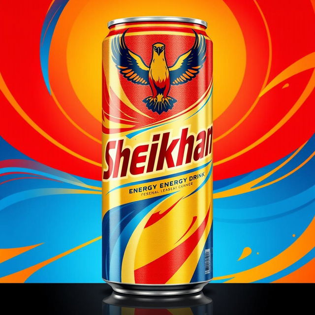 A vibrant and eye-catching soda can design for a fictional energy drink called 'Sheikhan'