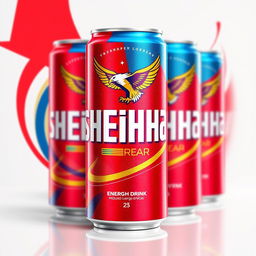 A vibrant and eye-catching soda can design for a fictional energy drink called 'Sheikhan'