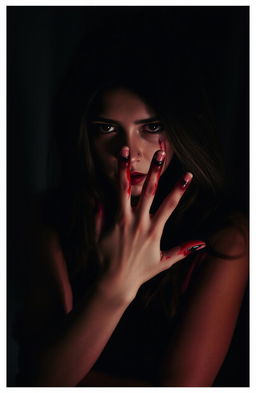 A mysterious girl standing in a dimly lit environment, her expression enigmatic and captivating