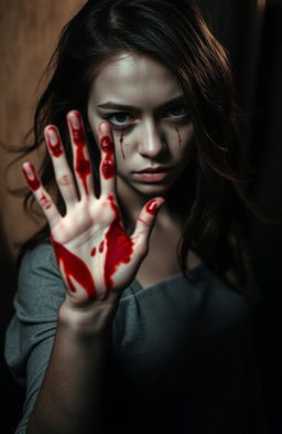 A mysterious girl standing in a dimly lit environment, her expression enigmatic and captivating