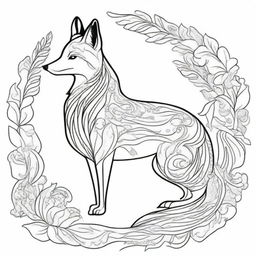 This is a line art drawing of a fox, meticulously crafted with nine flowing tails