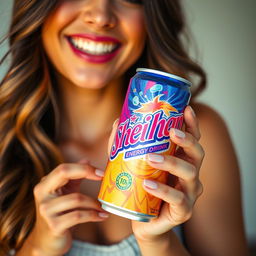 A close-up view of a beautiful lady holding a vibrant, colorful can of Sheikhan energy drink