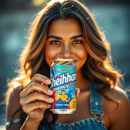 A close-up view of a beautiful lady holding a vibrant, colorful can of Sheikhan energy drink