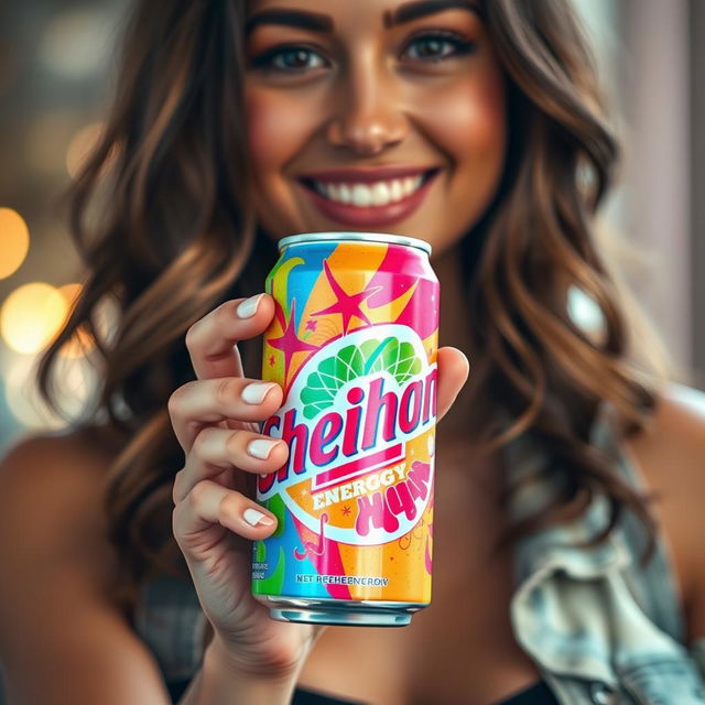 A close-up view of a beautiful lady holding a vibrant, colorful can of Sheikhan energy drink