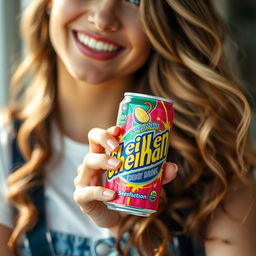 A close-up view of a beautiful lady holding a vibrant, colorful can of Sheikhan energy drink