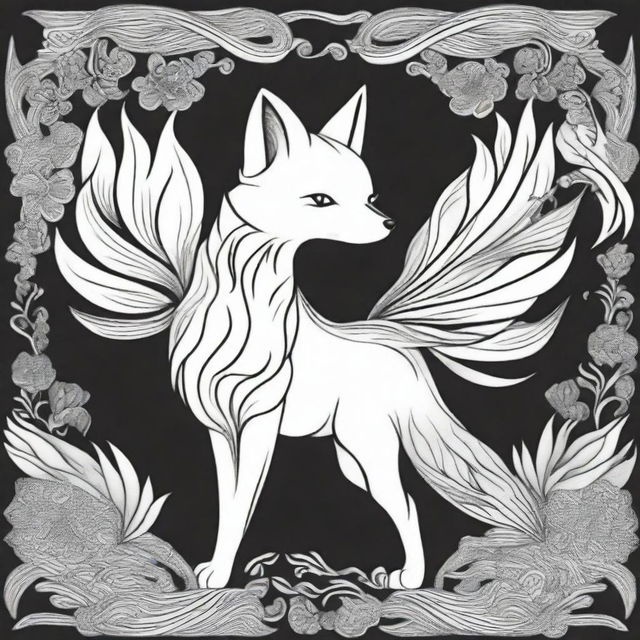 This is a line art drawing of a fox, meticulously crafted with nine flowing tails