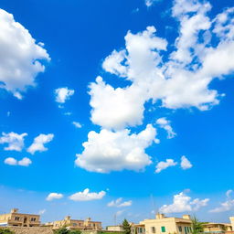 A beautiful landscape depicting the sky over Gaza, with a vibrant blue atmosphere scattered with fluffy white clouds