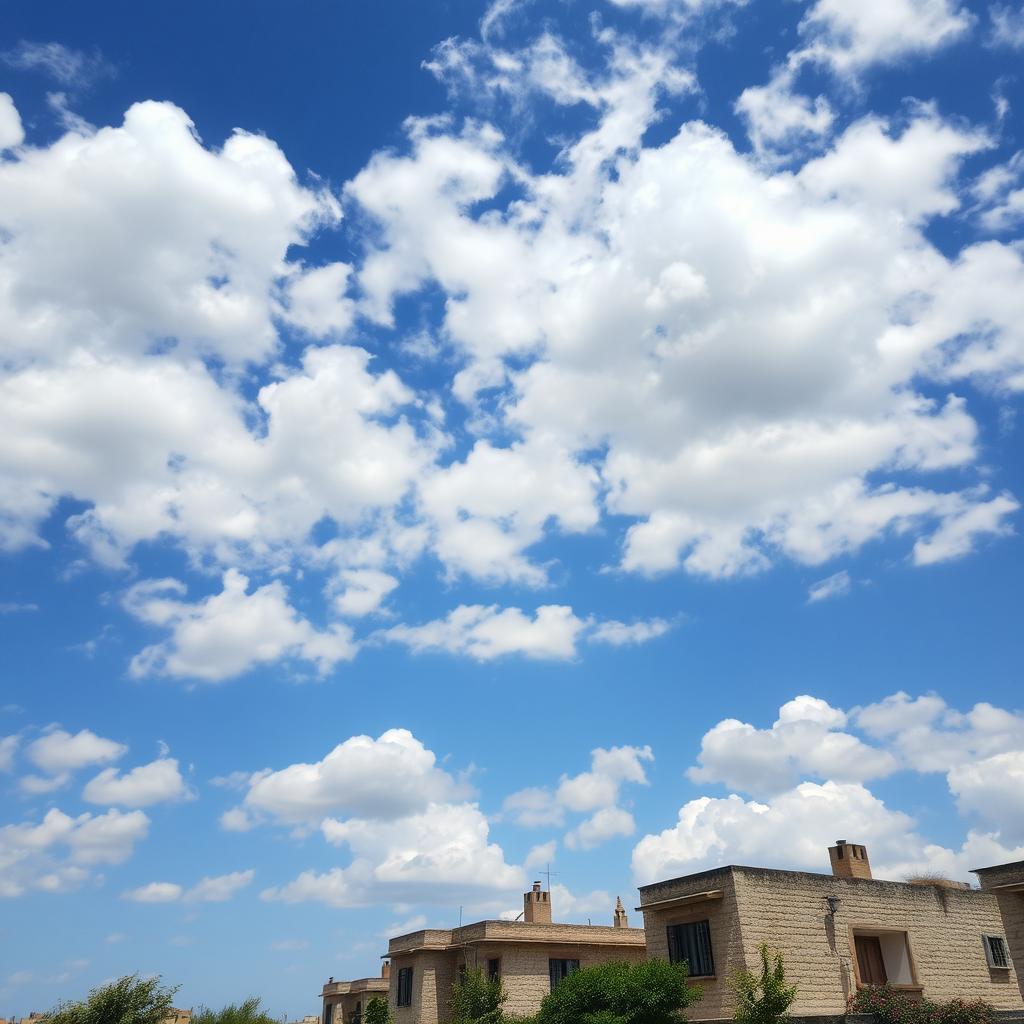 A beautiful landscape depicting the sky over Gaza, with a vibrant blue atmosphere scattered with fluffy white clouds