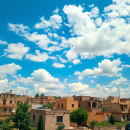 A beautiful landscape depicting the sky over Gaza, with a vibrant blue atmosphere scattered with fluffy white clouds