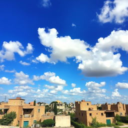 A beautiful landscape depicting the sky over Gaza, with a vibrant blue atmosphere scattered with fluffy white clouds