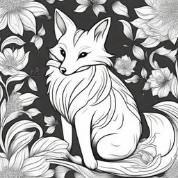 This is a line art drawing of a fox, meticulously crafted with nine flowing tails