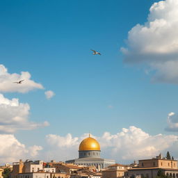 A stunning scene of the sky above Gaza, featuring the majestic Al-Aqsa Mosque prominently in the foreground, with its iconic golden dome shining under the sunlight