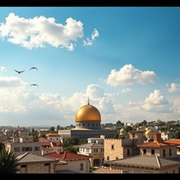 A stunning scene of the sky above Gaza, featuring the majestic Al-Aqsa Mosque prominently in the foreground, with its iconic golden dome shining under the sunlight