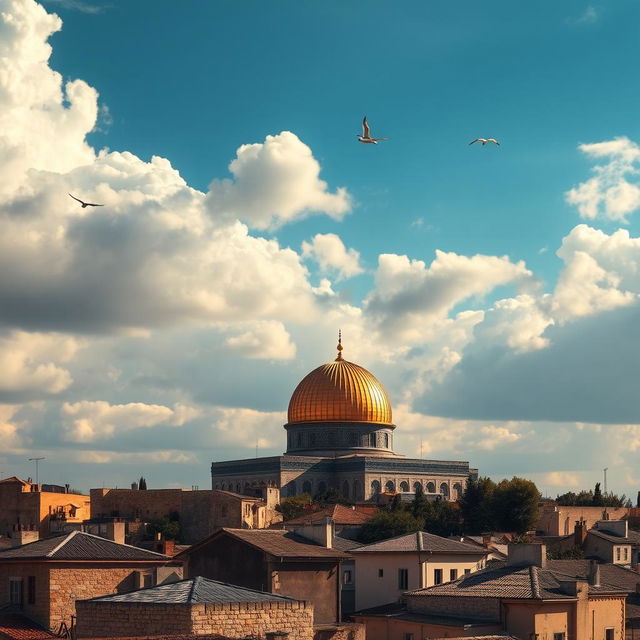 A stunning scene of the sky above Gaza, featuring the majestic Al-Aqsa Mosque prominently in the foreground, with its iconic golden dome shining under the sunlight