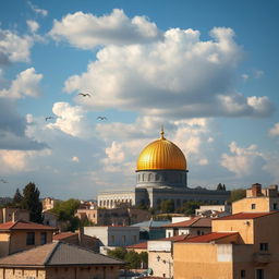 A stunning scene of the sky above Gaza, featuring the majestic Al-Aqsa Mosque prominently in the foreground, with its iconic golden dome shining under the sunlight