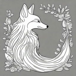 This is a line art drawing of a fox, meticulously crafted with nine flowing tails