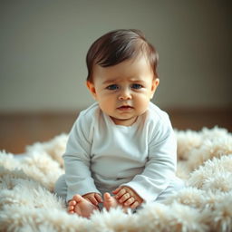 A cute baby dressed in white clothing, sitting on a soft, fluffy blanket, with tears streaming down their cheeks, creating a heartwarming yet poignant scene