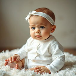 A cute baby dressed in white clothing, sitting on a soft, fluffy blanket, with tears streaming down their cheeks, creating a heartwarming yet poignant scene