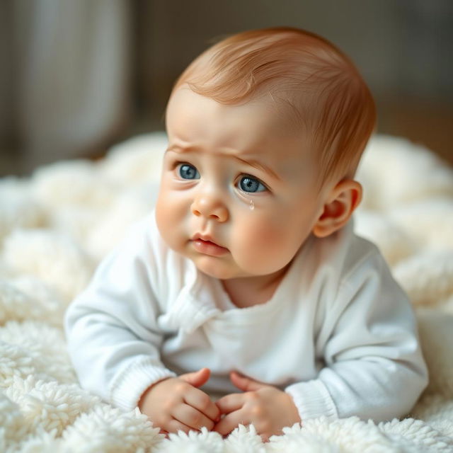 A cute baby dressed in white clothing, sitting on a soft, fluffy blanket, with tears streaming down their cheeks, creating a heartwarming yet poignant scene