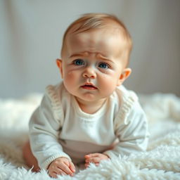 A cute baby dressed in white clothing, sitting on a soft, fluffy blanket, with tears streaming down their cheeks, creating a heartwarming yet poignant scene