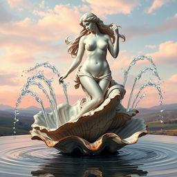 A stunning depiction of Venus, the Roman goddess of love and beauty, gracefully posed nude atop an oyster shell that serves as her pedestal