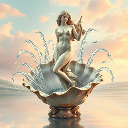 A stunning depiction of Venus, the Roman goddess of love and beauty, gracefully posed nude atop an oyster shell that serves as her pedestal