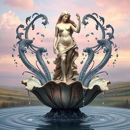 A stunning depiction of Venus, the Roman goddess of love and beauty, gracefully posed nude atop an oyster shell that serves as her pedestal