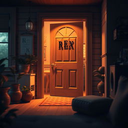 A scene depicting the interior of a house, focusing on a door that features the name 'REX' prominently displayed on it