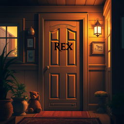 A scene depicting the interior of a house, focusing on a door that features the name 'REX' prominently displayed on it