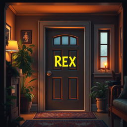 A scene depicting the interior of a house, focusing on a door that features the name 'REX' prominently displayed on it