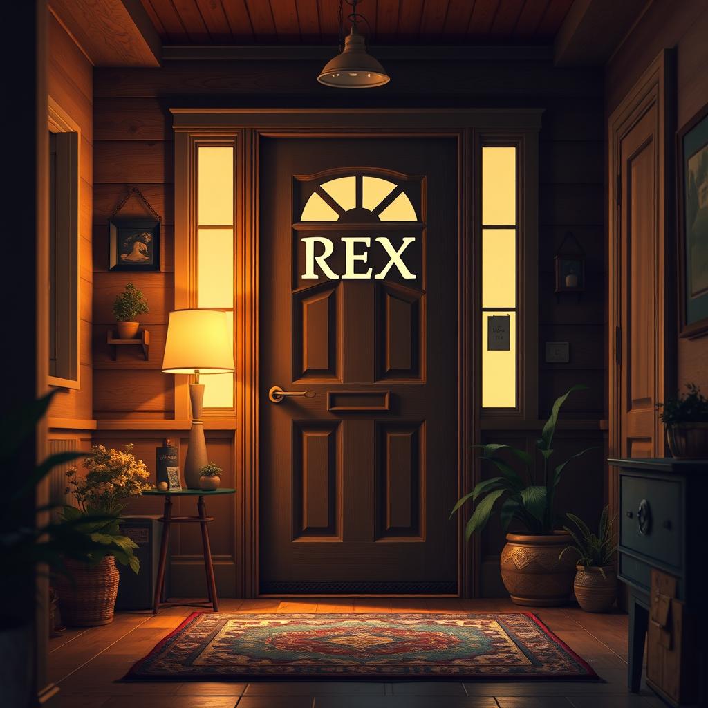 A scene depicting the interior of a house, focusing on a door that features the name 'REX' prominently displayed on it