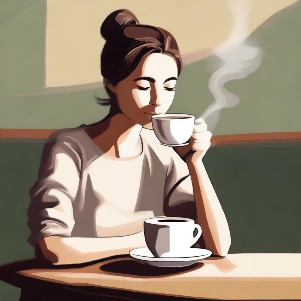 A high-quality digital art image depicts a serene scene of a person savoring a cup of coffee