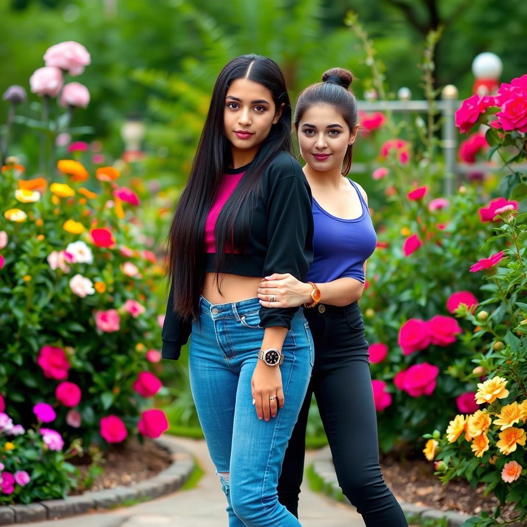 Two lesbian partners standing together in a beautiful garden, holding hands