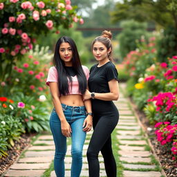 Two lesbian partners standing together in a beautiful garden, holding hands