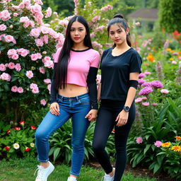 Two lesbian partners standing together in a beautiful garden, holding hands