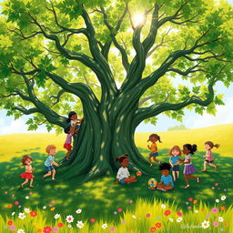 A picturesque scene depicting a group of children joyfully playing around a large, lush tree in a vibrant meadow