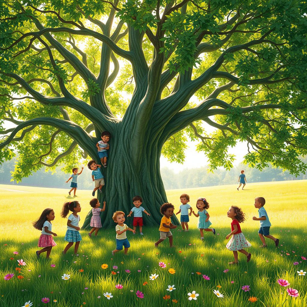 A picturesque scene depicting a group of children joyfully playing around a large, lush tree in a vibrant meadow