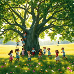 A picturesque scene depicting a group of children joyfully playing around a large, lush tree in a vibrant meadow