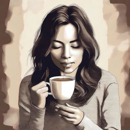 A high-quality digital art image depicts a serene scene of a person savoring a cup of coffee