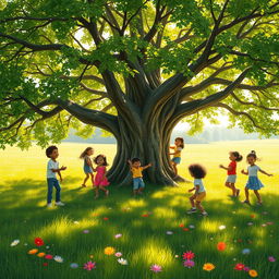 A picturesque scene depicting a group of children joyfully playing around a large, lush tree in a vibrant meadow