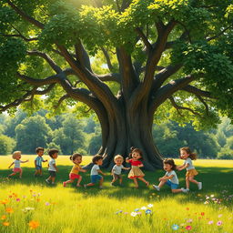 A picturesque scene depicting a group of children joyfully playing around a large, lush tree in a vibrant meadow